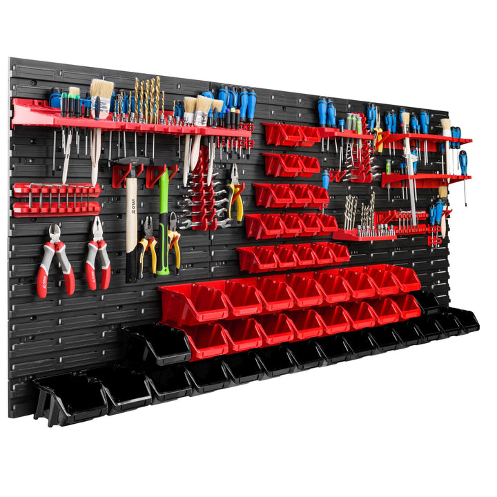 Lagersystem Werkstattregal | 172 x 78 cm | 48 stck. Box | Wandregal mit Werkzeughalterungen und Stap