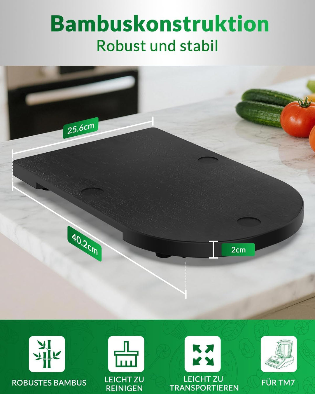 Bambus Gleitbrett für Thermomix TM7 - Zubehör für TM7 mit Rollen und rutschfest Gummifüsse, Schützt