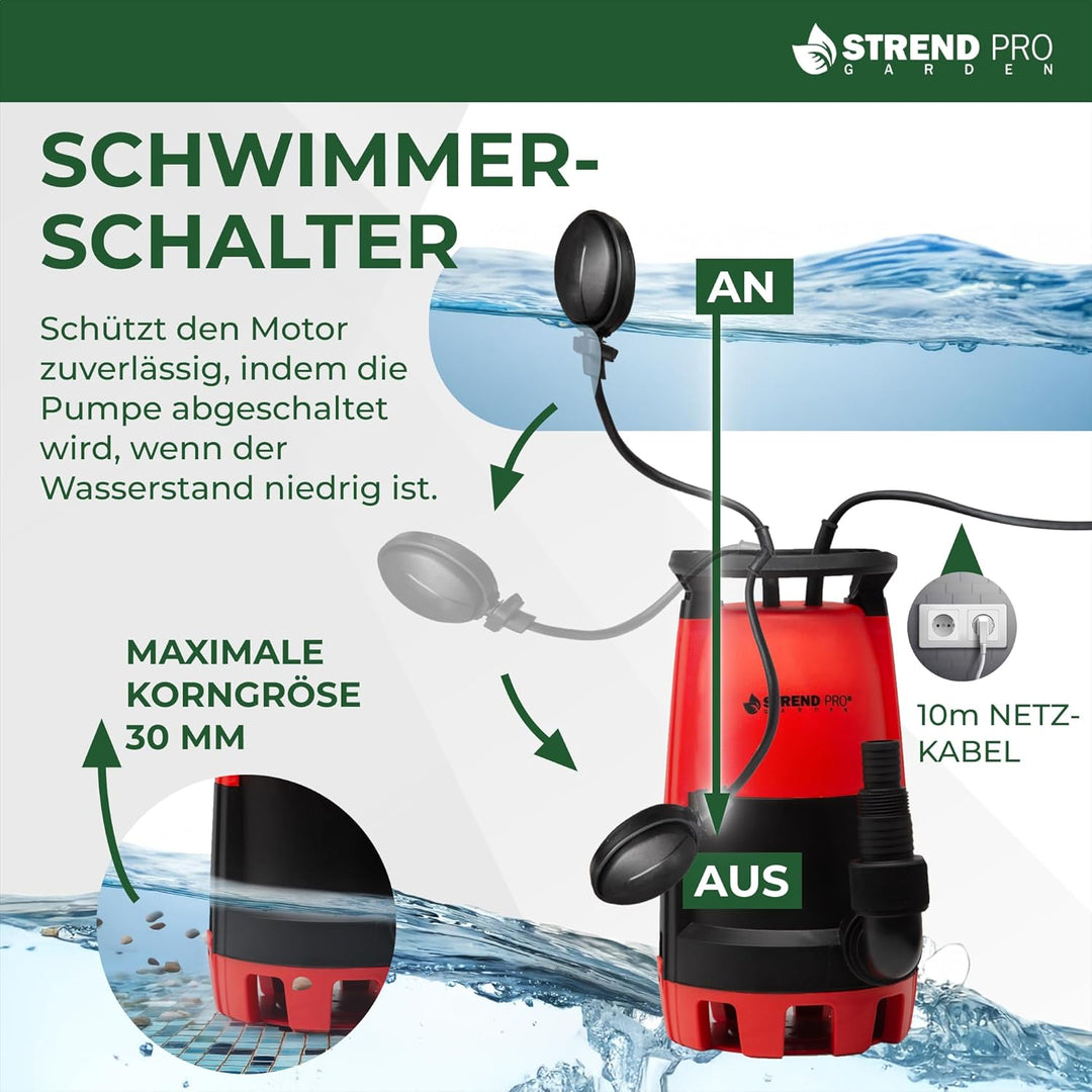 STREND PRO Tauchpumpe MC900E | FLACHSAUGEND ab 1mm | mit SCHWIMMERM | 900W, 18000 l/h | Wasserpumpe