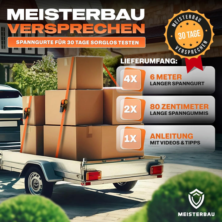MEISTERBAU - [TÜV geprüft] Spanngurte mit Ratsche [+ 2 Spanngummis] - 1000kg Kapazität - 6m lang und