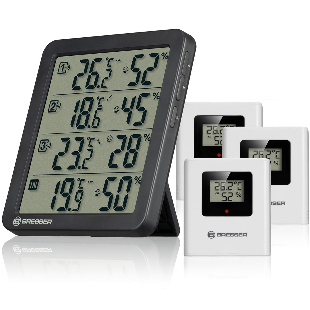 Bresser Quadro NV Thermo-Hygrometer mit 4 Messpunkten, integrierter Sensor und 3 Funksensoren, Smile
