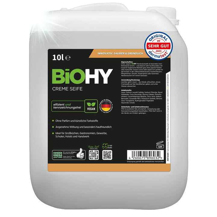 BiOHY Creme Seife (10 Liter Kanister) | Hautschonende, rückfettende &amp; geruchsneutrale Handseife | fl