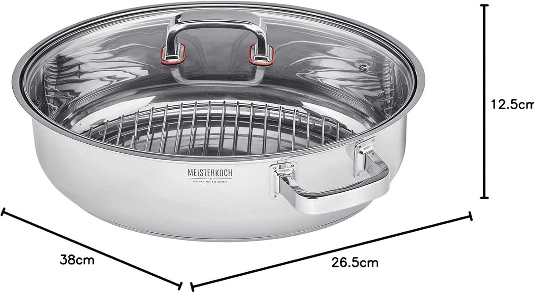 MEISTERKOCH Bräter Induktion mit Glasdeckel & Dämpfeinsatz 3-teilig 38 x 26,5 cm