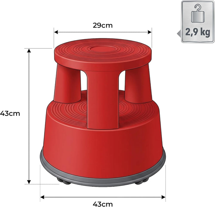 Office Marshal Rollhocker Kunststoff Elefantenfuss rot, Rutschfester Tritthocker mit Rollen, mobiler