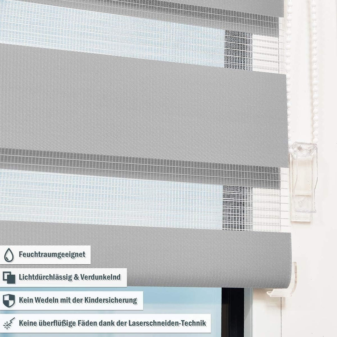 Deswell Doppelrollo Klemmfix ohne Bohren Grau B85 x H110 cm (Stoffbreite 81cm) Rollos für Fenster oh
