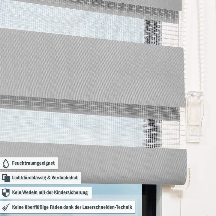 Deswell Doppelrollo Klemmfix ohne Bohren Grau B85 x H110 cm (Stoffbreite 81cm) Rollos für Fenster oh