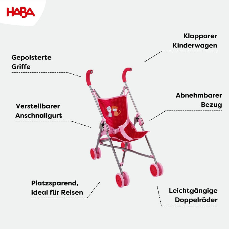 HABA 303815 - Puppenbuggy Jule , Handlicher Buggy mit Anschnallgurt , Lässt sich schnell zusammenkla