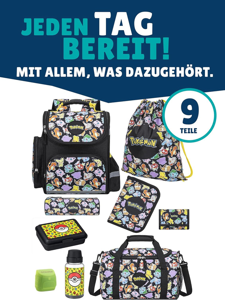 Familando - Schulranzen Set - 9-teilig mit Lunch-Set - Pokémon (Pikachu Motiv) - Ergonomisch, stabil