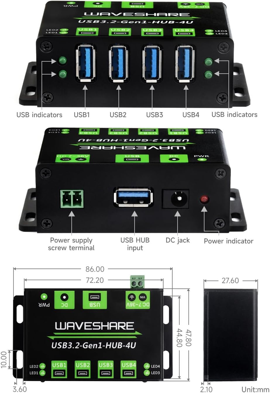 Waveshare 4-Ch USB 3.2 Gen1 HUB, Metal Case with Wall-Mount Support, Driver-Free, Plug-and-Play, Com