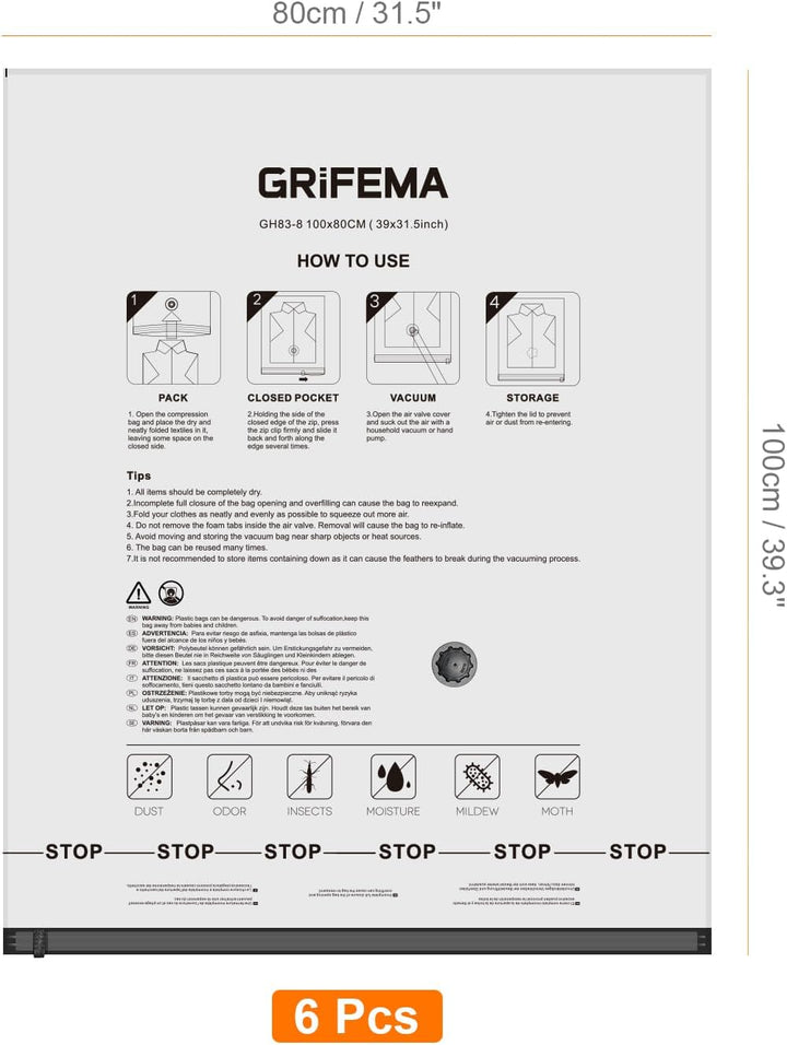 GRIFEMA GH83-8, 6 Stück Vakuumbeutel 100x80 cm, Platzsparend für Bettwäsche, Bettdecken, Decken und