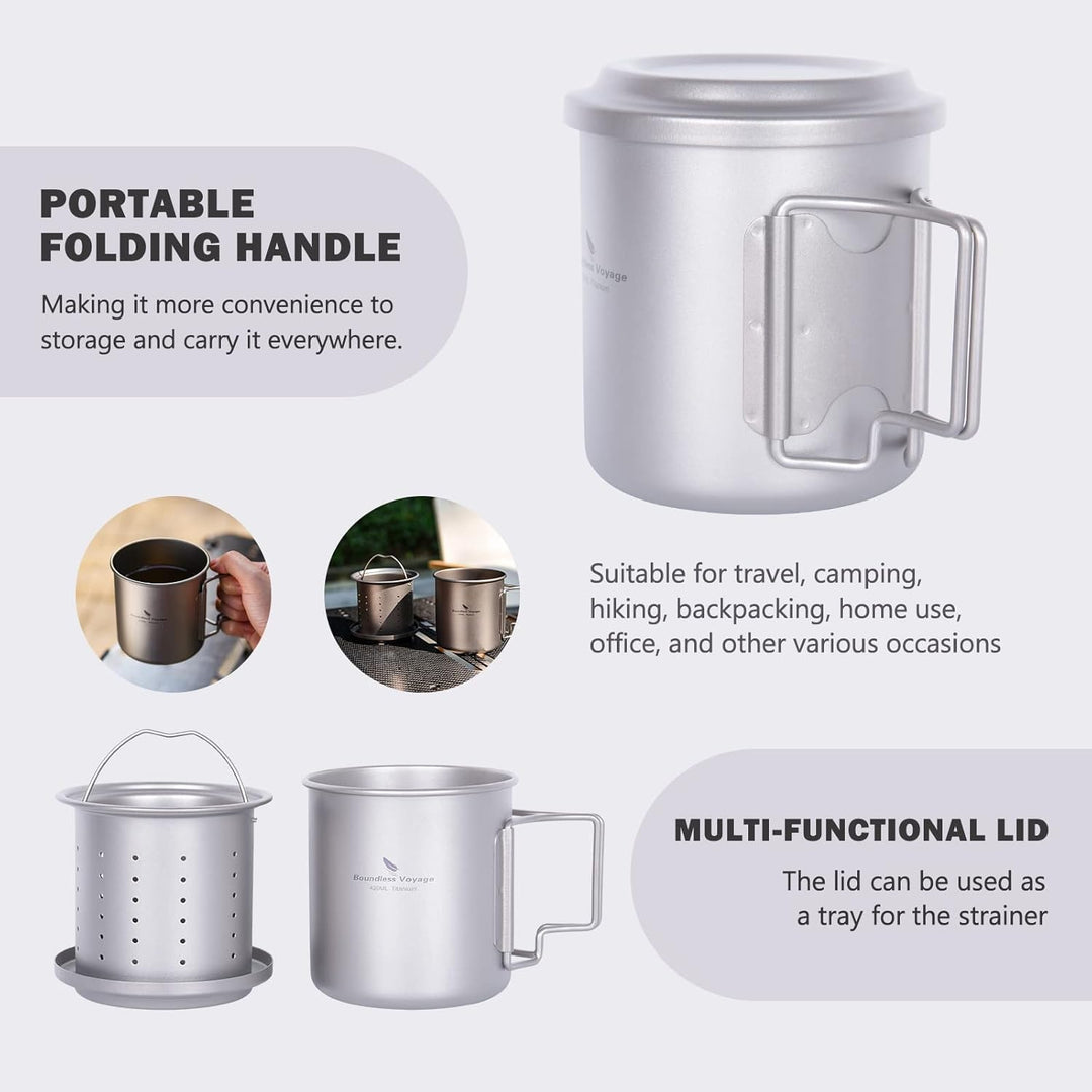 iBasingo 420ml / 14.2 fl oz Titan Becher mit Teesieb und Deckel Leichte Tasse mit Filter Outdoor Cam