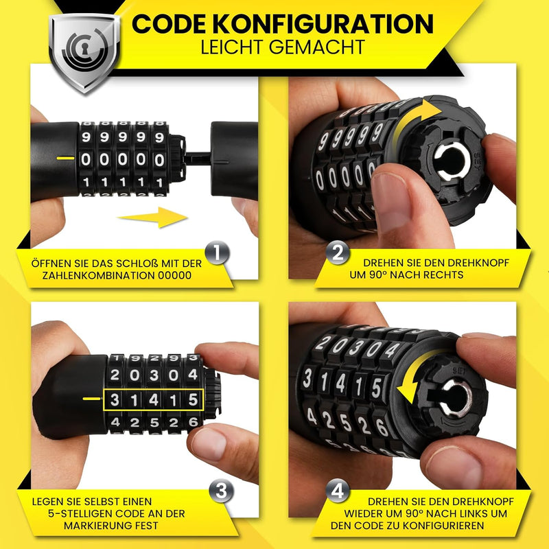 DUNLOP Fahrradschloss Zahlenschloss - Hohe Sicherheit - 100 cm -Sicherheitslevel-6 Schloss mit 5er Z