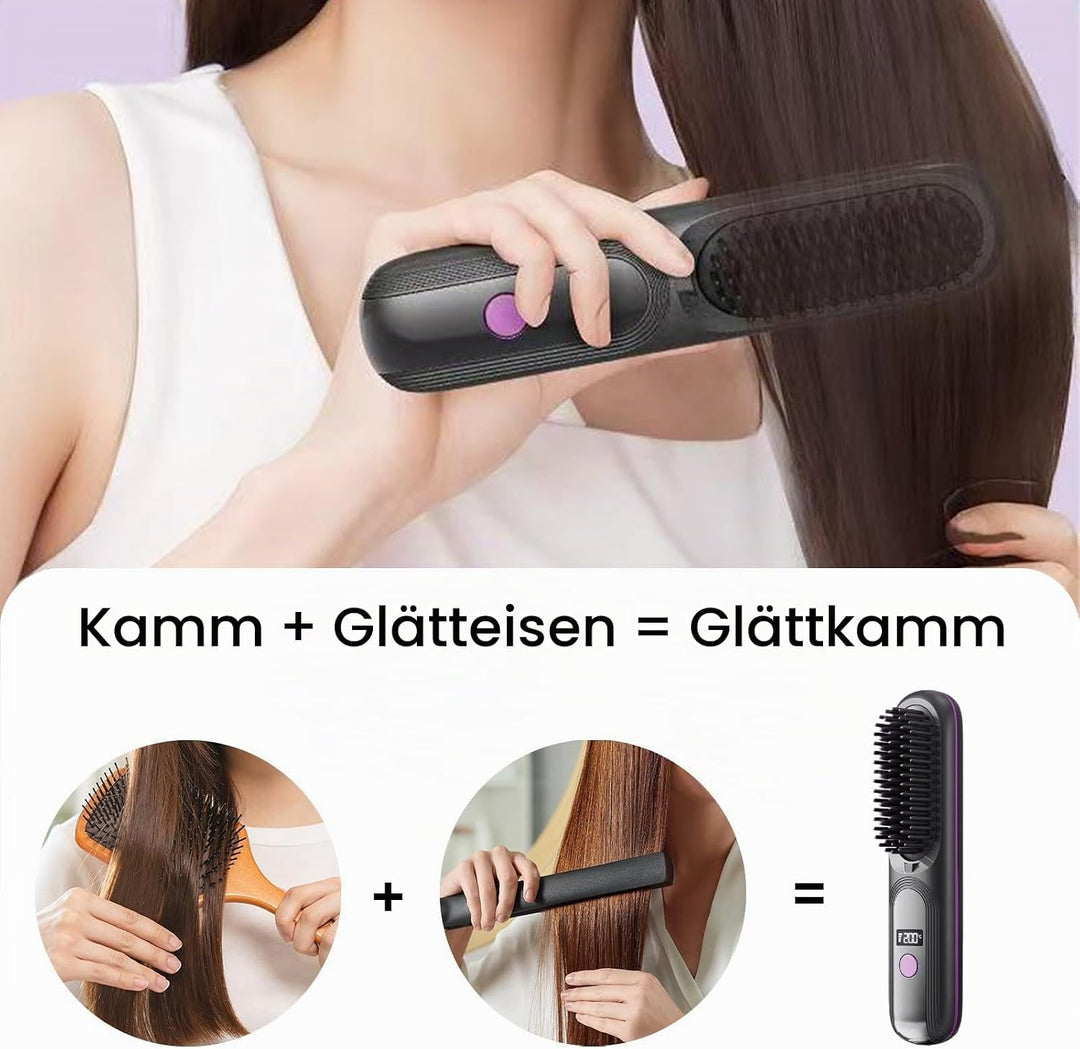 Kabellose Glättbürste, 3D Tragbare Mini-Haarglätterbürste, 140-200℃ 4 Temperatureinstellungen, Negat