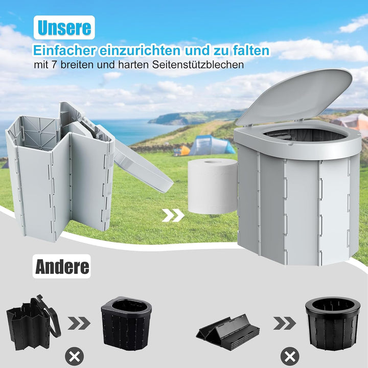 WADEO Tragbare Campingtoilette mit Deckel, 30 cm hohe Mobile Toilette mit 12 Stück Toilettenbeutel,
