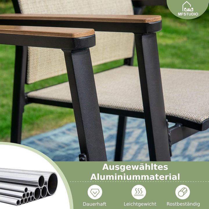 MFSTUDIO Gartenstuhl 4er Set Aluminium, Textilene Balkon Stühle Stapelbar mit Handlauf mit Holzmaser