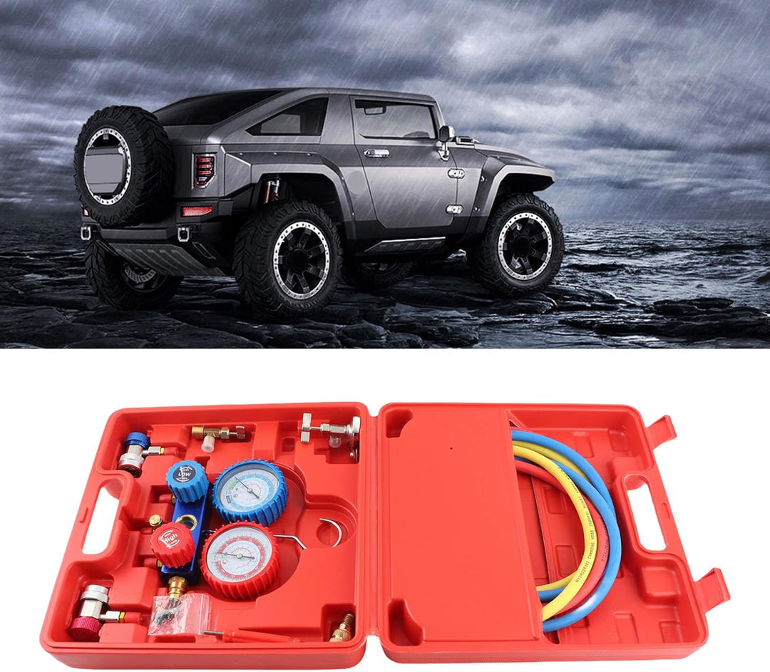 SOULONG R134a Manometer mit dreifarbigen Ladeschläuchen und Adapter, für Klimaanlagen im Auto