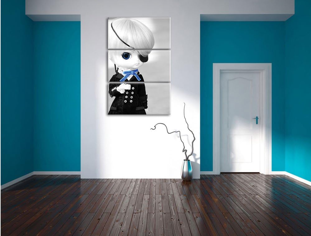 Pixxprint hübsche verwegene Pullip-Puppe mit Augenklappe schwarz/weiss 3-Teiler Leinwandbild 120x80