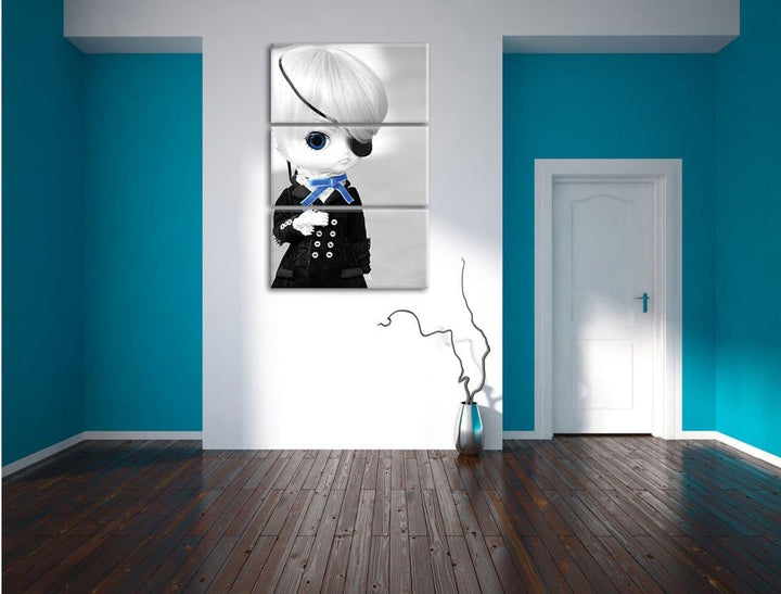 Pixxprint hübsche verwegene Pullip-Puppe mit Augenklappe schwarz/weiss 3-Teiler Leinwandbild 120x80