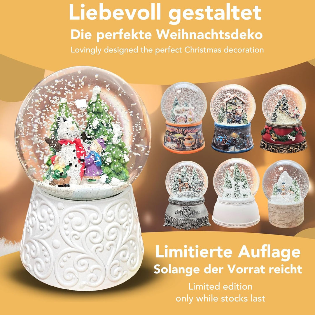 Schneekugel Weihnachten Spieluhr | Kinder Bauen Schneemann | Ornament Sockel weiss | Höhe 140mm Brei