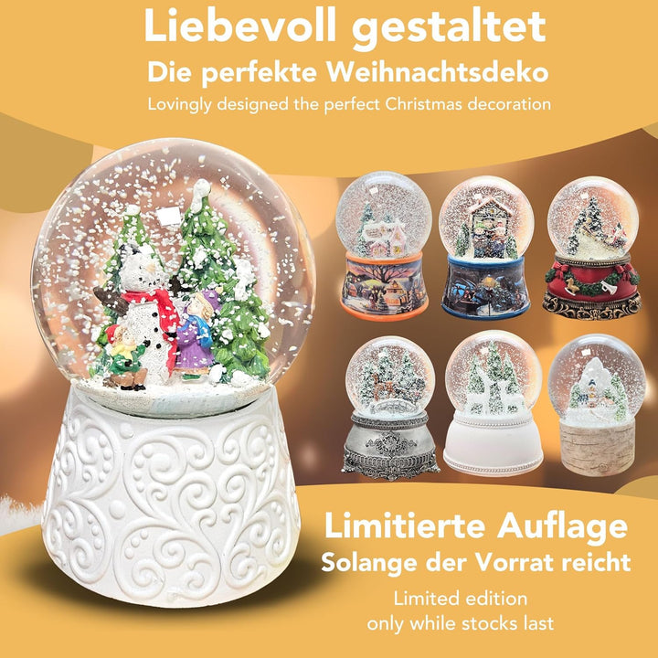 Schneekugel Weihnachten Spieluhr | Kinder Bauen Schneemann | Ornament Sockel weiss | Höhe 140mm Brei