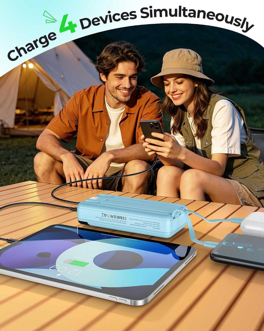 Enerwow Power Bank 27000mAh, Powerbank Schnellladen mit Integriertem USB-C Kabel, 4 Ausgänge &amp; 3 Ein
