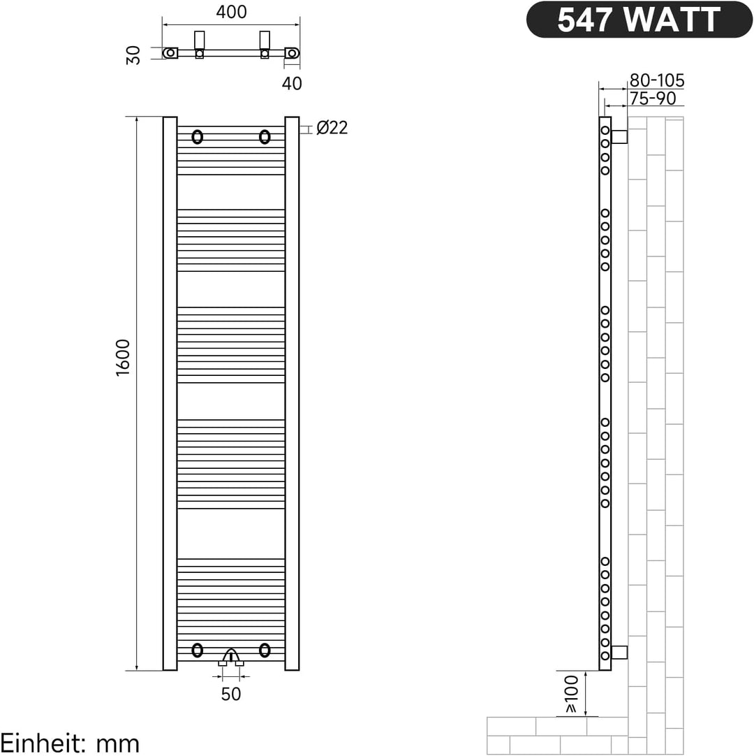 SUNXURY Heizkörper Badheizkörper 1600x400 mm Handtuchheizkörper Mittelanschluss Rundrohr Handtuchwär
