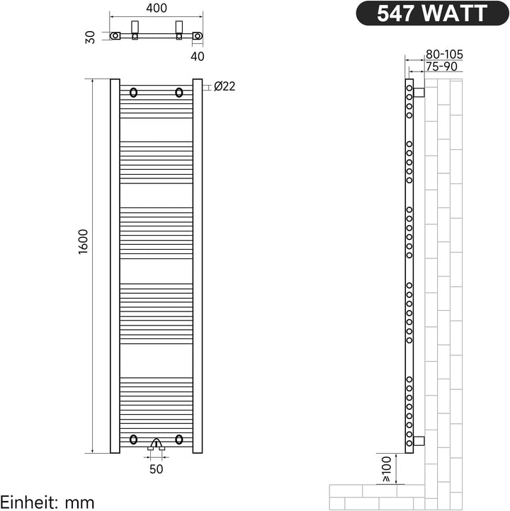 SUNXURY Heizkörper Badheizkörper 1600x400 mm Handtuchheizkörper Mittelanschluss Rundrohr Handtuchwär