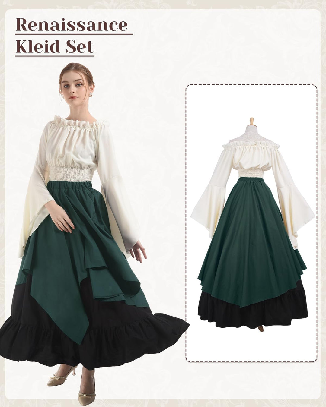 Fiamll Damen Mittelalter Kleid Renaissance Kleid Mittelalter Kostüm Trompete Ärmel Viktorianische Kl