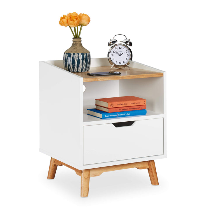 Relaxdays Nachttisch mit Holzbeinen, skandinavisches Design, Schublade, offenes Fach, Betttisch 50 x