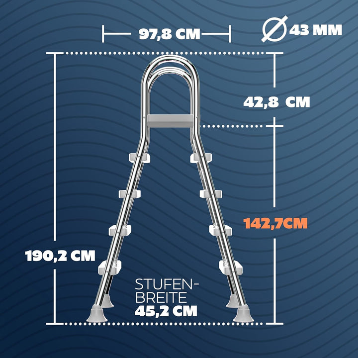 poolomio® Poolleiter Edelstahl mit Handlauf bis 132-140 cm | Einstiegsleiter mit 4 Stufen für Aufste