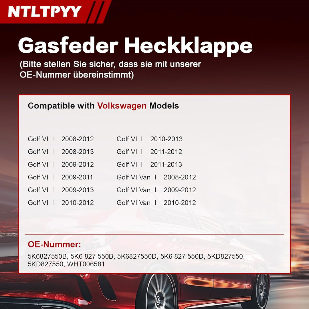 Heckklappen Gasdruckfeder Kompatibel mit Volkswagen Golf VI 2008-2013 Golf VI Van 2008-2012, 2 Stück
