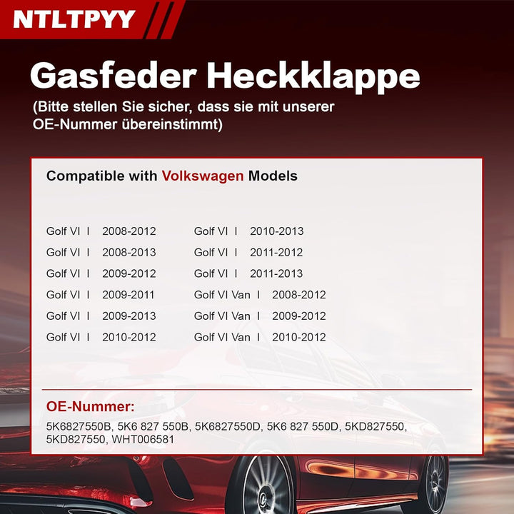 Heckklappen Gasdruckfeder Kompatibel mit Volkswagen Golf VI 2008-2013 Golf VI Van 2008-2012, 2 Stück