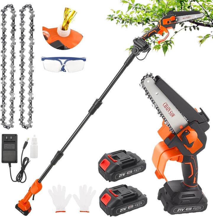 2-in-1 Mini Kettensäge 6 Zoll, 21V Akku-Hochentaster mit Verlängerungsstange 1,32–2,3 m, Elektro Hoc