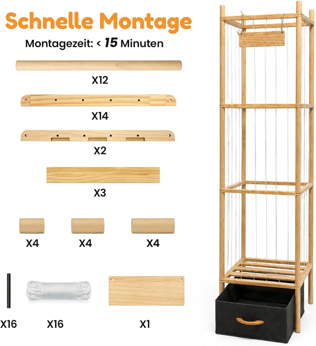 Kuscheltier Aufbewahrung mit Stoffschubladen – Holz Stofftier Regal mit Zoo Design, 146×40×40 cm Plü