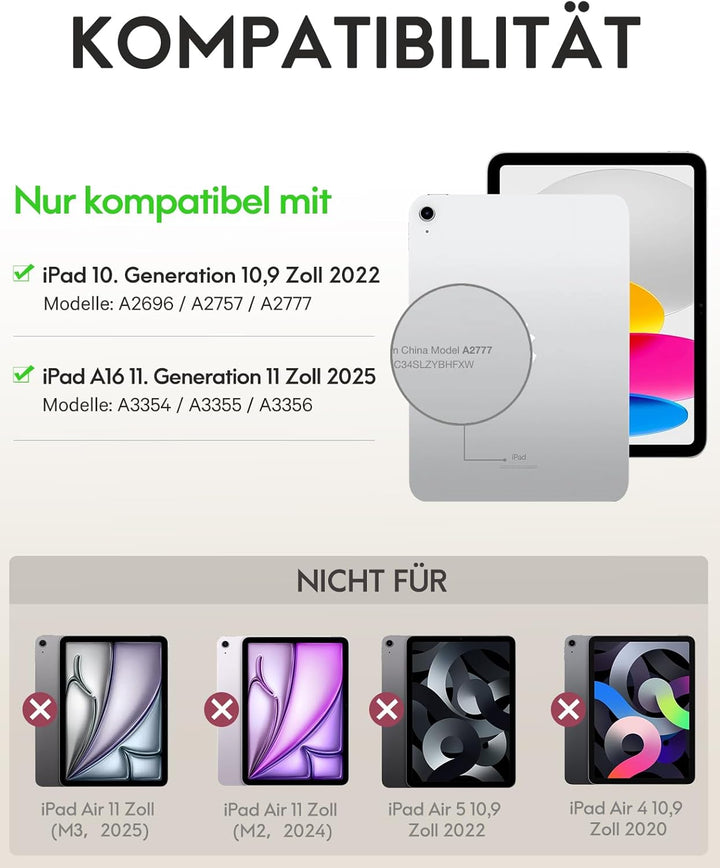 CHESONA Hülle mit Tastatur für iPad 10 Generation/11 Generation A16 2025, 7 Farben Beleuchtung, Mult