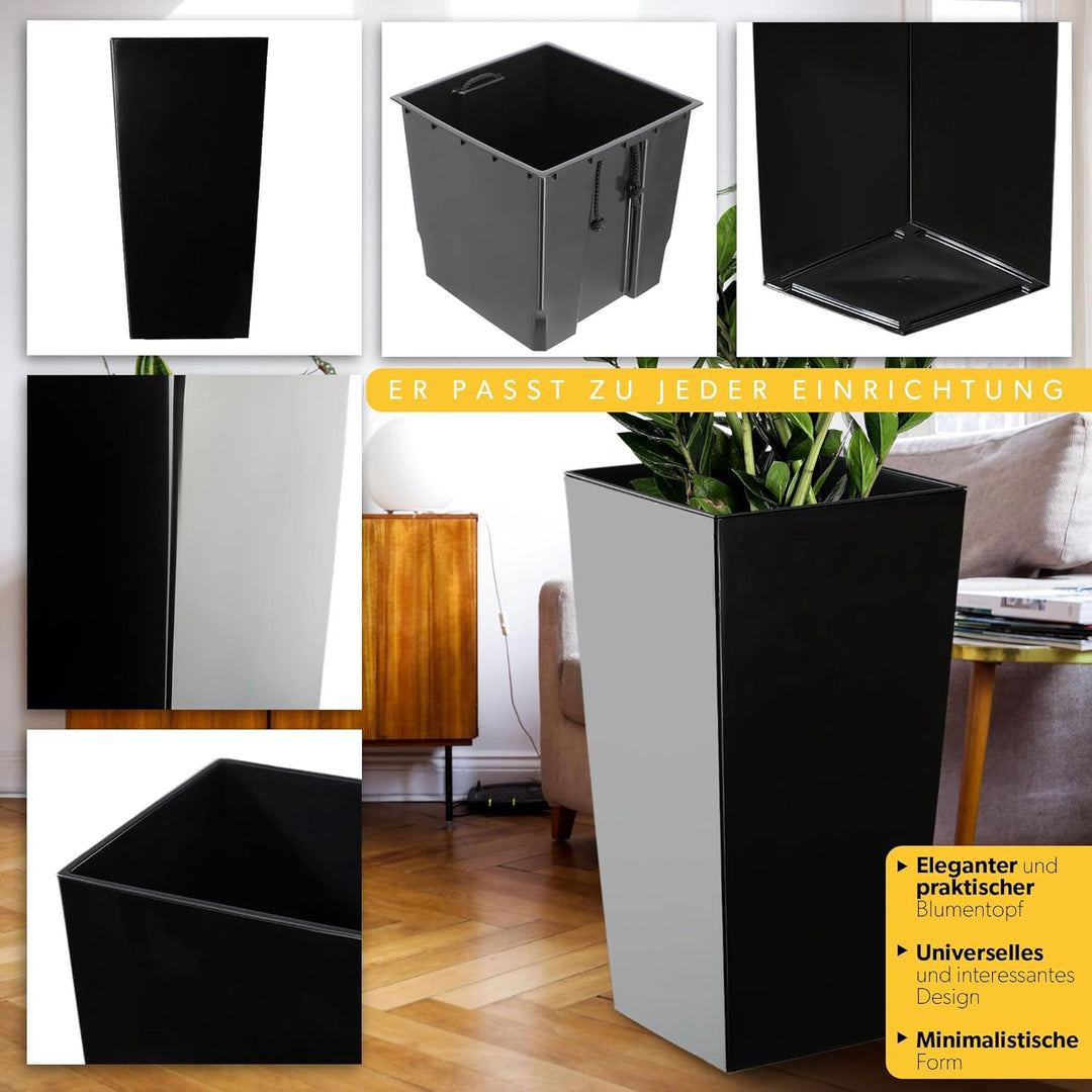 KADAX Pflanzkübel mit Innentopf, Höhe 68cm, Schwarz-glatt – Wetterfester Blumentopf für Innen & Auss
