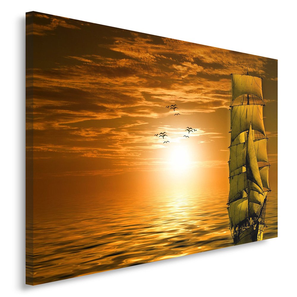 Feeby Bilder Sonnenuntergang Schiff Ozean 80x60 cm 1 Teilig Wohnzimmer Schlafzimmer Büro Flur Küche