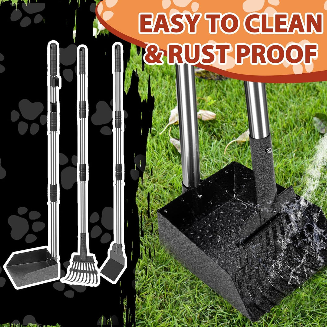 Hundekotschaufel Set mit 96cm langem Griff – Abnehmbares Metalltablett, Rechen & Spaten für grosse,