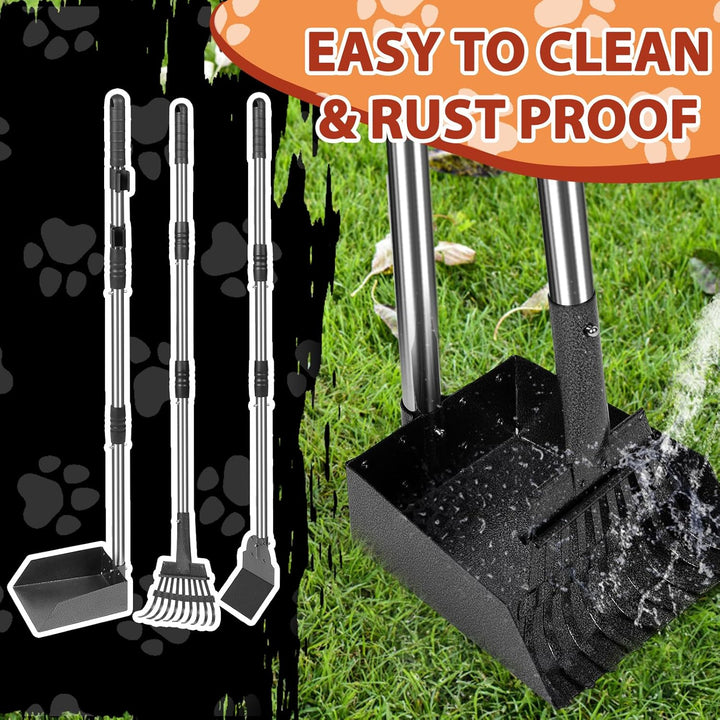 Hundekotschaufel Set mit 96cm langem Griff – Abnehmbares Metalltablett, Rechen & Spaten für grosse,