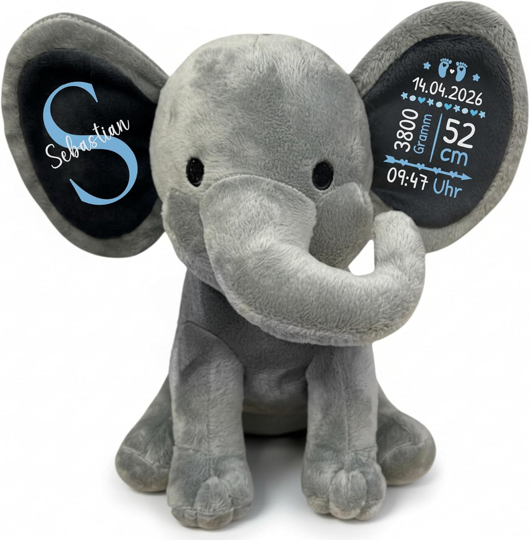 Plüschtier - Personalisiertes Babygeschenk zur Geburt Junge DEKO Elefant Kuscheltier mit Geburtsdate