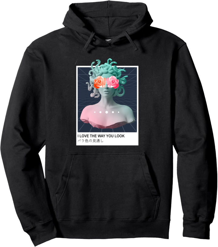 Vaporwave Ästhetik Pastell Medusa Kanji Rose Japanische Lofi Pullover Hoodie