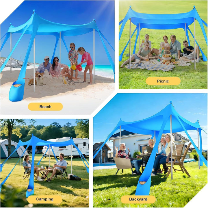 Strandzelt Sonnenschutz UPF 50+, 3 x 3 m Strand-Vordach Sonnenschirm, Pop-Up Strandvordach mit 8 San