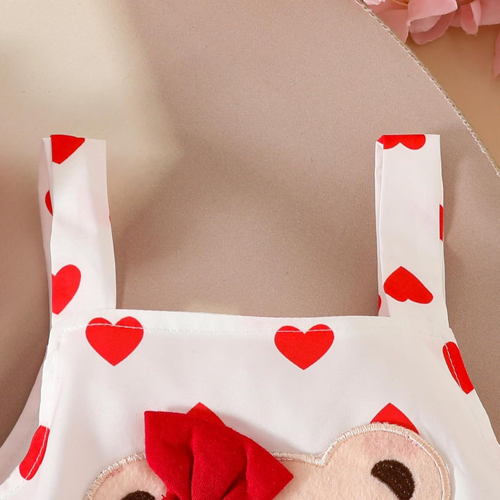Baby Outfits für Mädchen mit Herz Print kurzärmelig Strampler Hosenträgerrock Bären Kleid Schleife S