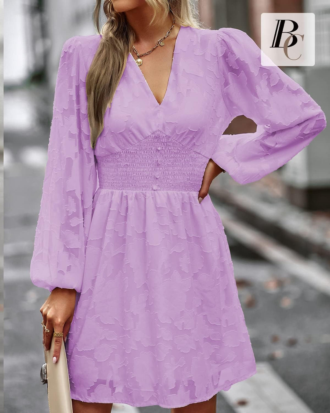 BebreezChic Kleid Damen Langarm Elegant V-Ausschnitt Minikleid Einfarbig Blumen Hohe Taille Plissee