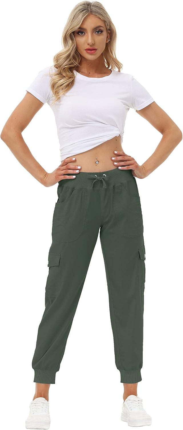 JINSHI Hosen Damen Cargohose Lange Capri Freizeithose Outdoor Jogginghose High Waist mit Kordelzug,