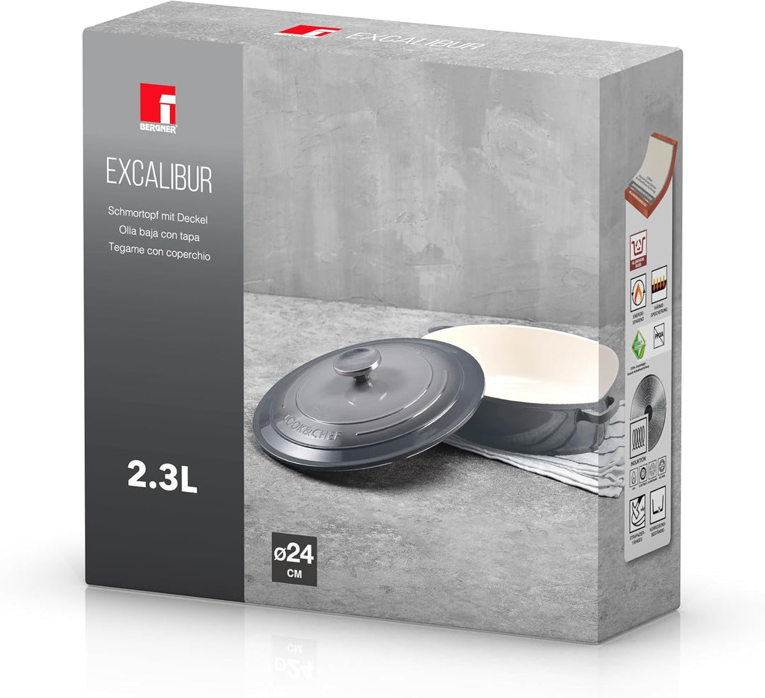 BERGNER E Xcalibur Grey – niedrige Pfanne mit 24-cm-Deckel – geschmolzenes Aluminium – cremefarbener