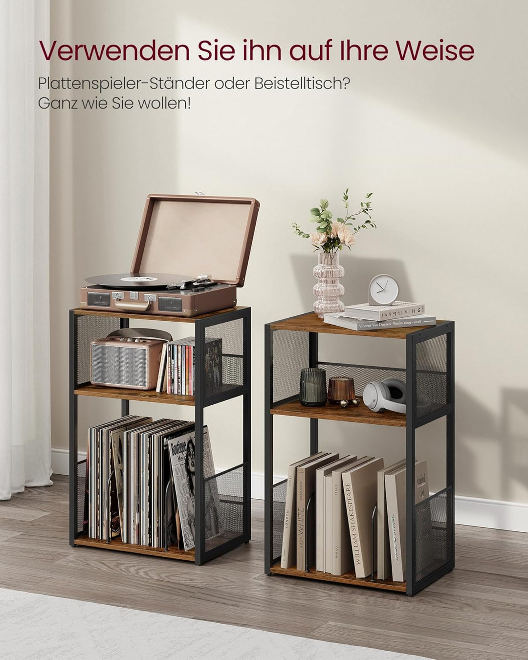 VASAGLE Plattenspieler-Ständer, 3 Etagen, Beistelltisch, Aufbewahrung von Schallplatten, bis zu 100
