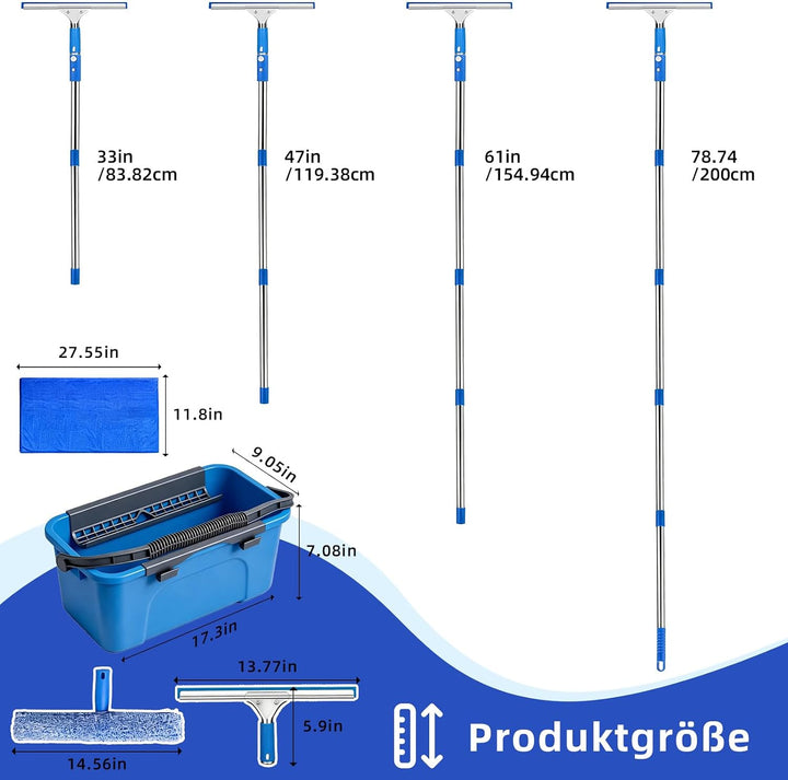 Fensterreiniger Set, Fensterreiniger mit 200CM Teleskopstiel Fensterwischer,12L Eimer 35CM Silikonab