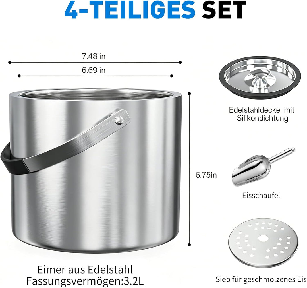 3,2L Eiswürfelbehälter mit Deckel Schaufel-Edelstahl Eiskübel Doppelwandiger Isolierter Eisbehälter