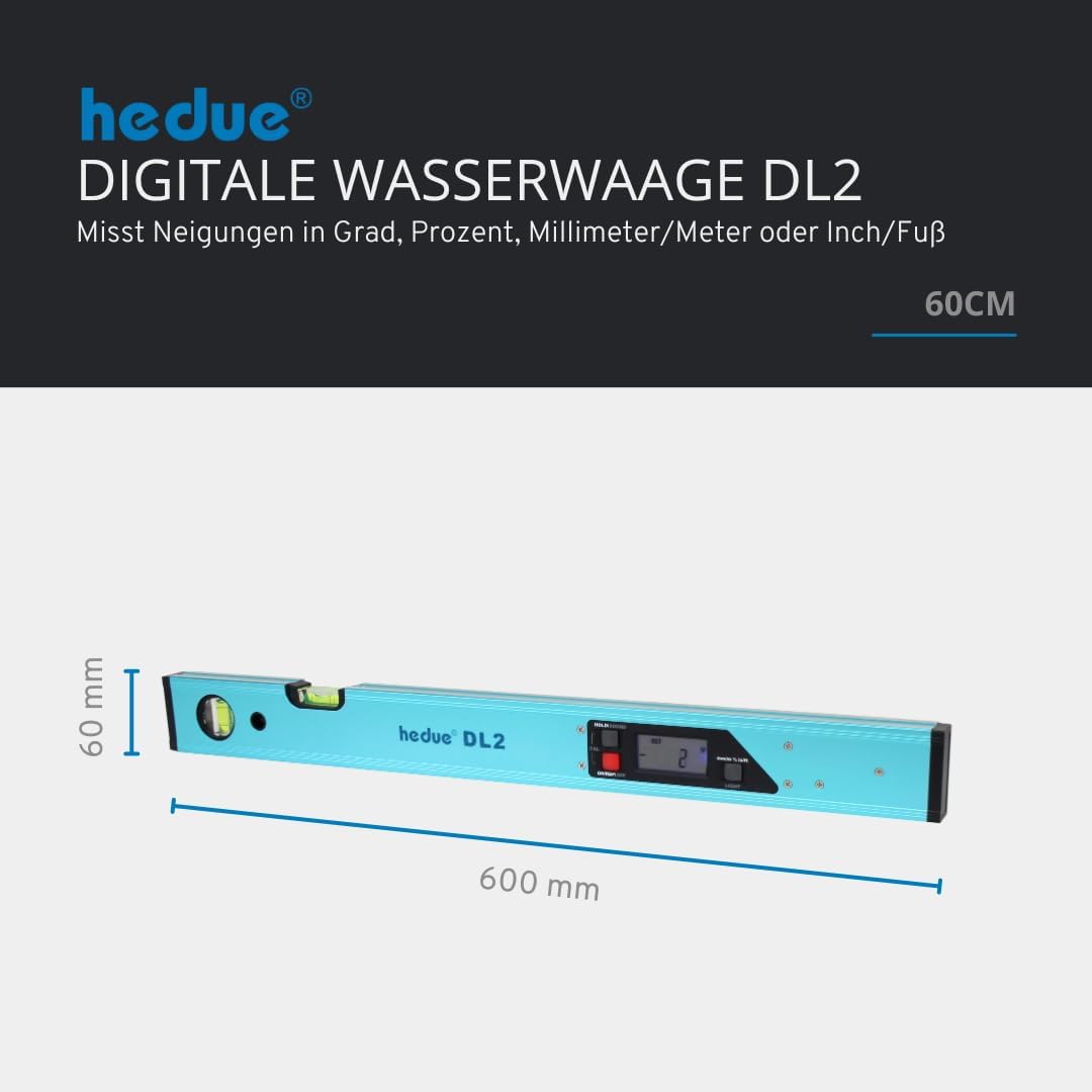 hedue® Digitale Wasserwaage DL2 - Wasserwaage 60 cm mit beleuchtetem LCD-Display, Neigungsmesser in
